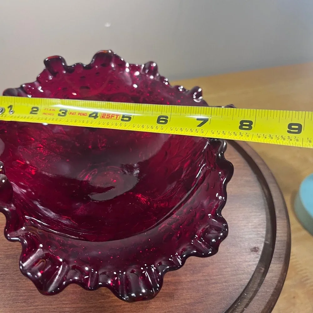Fenton Ruby Red Amberina Glass Peach Tree Leaf Ruffled Footed Bowl 8